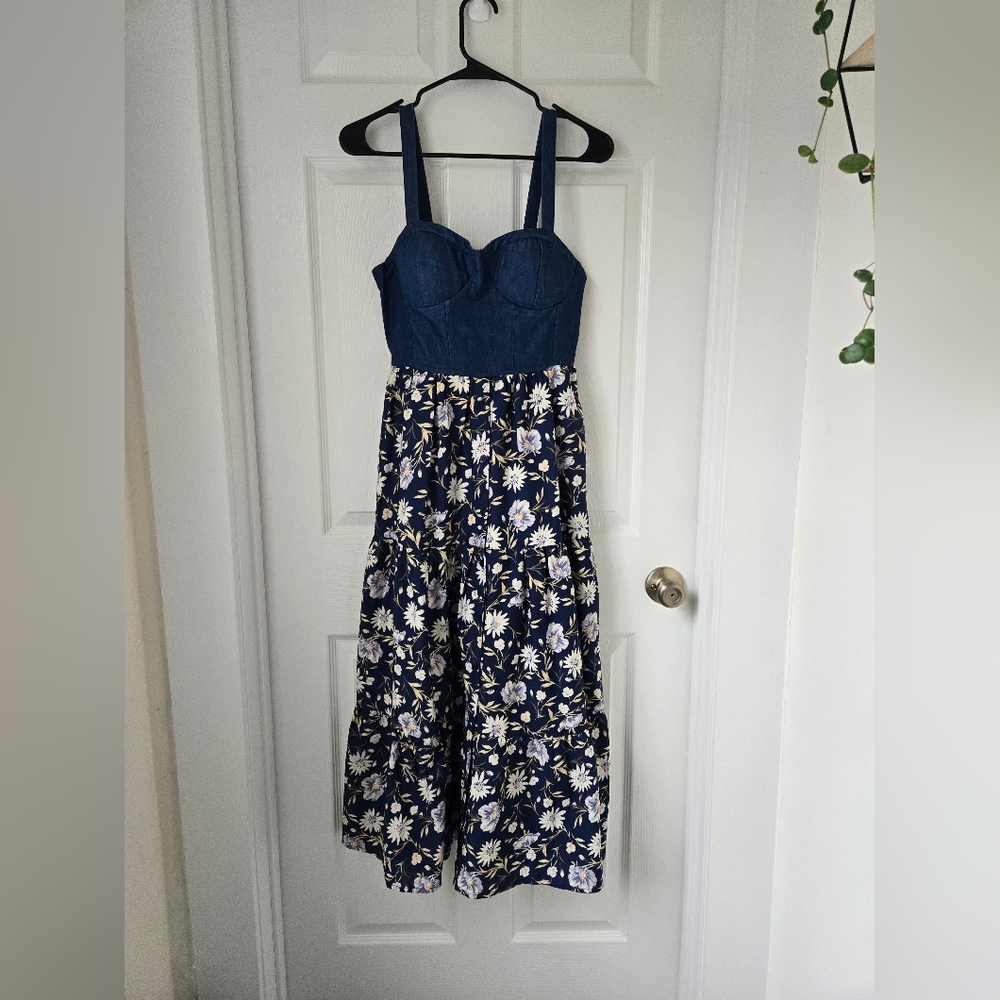Spring Floral Midi Denim Chambray Tiered Corset Dress Size Medium